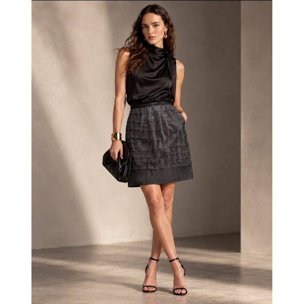 Vintage Lanvin Hiver Skirt Black Designer Tiered Silk Velvet Zipper Riri Luxury